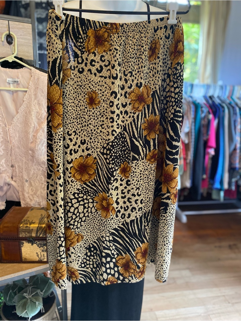Roaman's Black, Gold and Cream Floral Animal-Print Midi Skirt